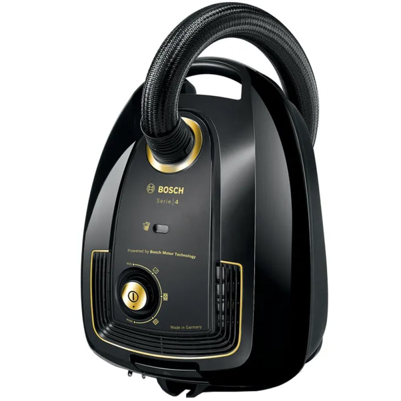 تصویر جاروبرقی بوش مدل BGL38GOLD با بدنه طلایی، کیسه قابل تعویض و نازل چندمنظوره برای تمیزکاری فرش و کف سخت.