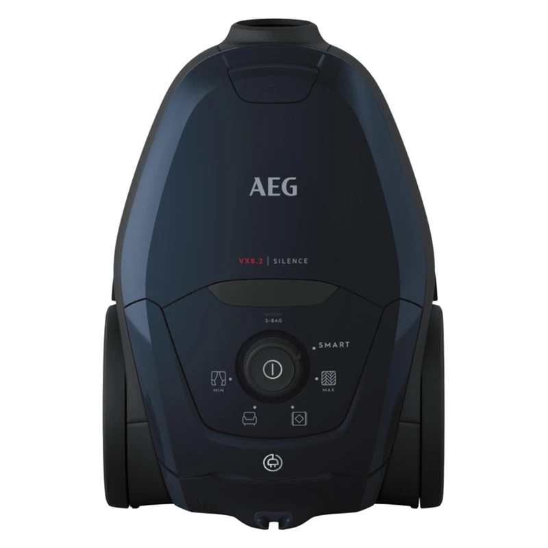 تصویر جاروبرقی آاگ مدل VX82‑1‑2ST با بدنه سرمه‌ای، کیسه S‑bag ۳.۵ لیتری، لوله تلسکوپی و طراحی کم‌صدای حرفه‌ای برای نظافت آرام و قدرتمند.