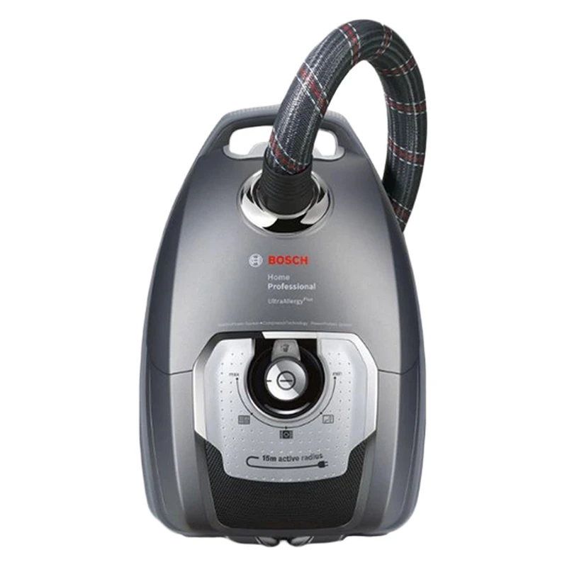 تصویر جاروبرقی بوش مدل 8PRO5 با بدنه خاکستری، کیسه ۵ لیتری، موتور حرفه‌ای سری ۸ و چهار چرخ فلزی برای حرکت روان و پایدار.