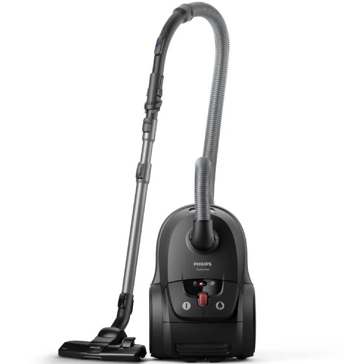 تصویر جاروبرقی فیلیپس مدل XD8022 با بدنه سفید و نقره‌ای، مخزن ۱.۵ لیتری بدون کیسه، و نازل چندمنظوره برای تمیزکاری کف سخت و فرش.